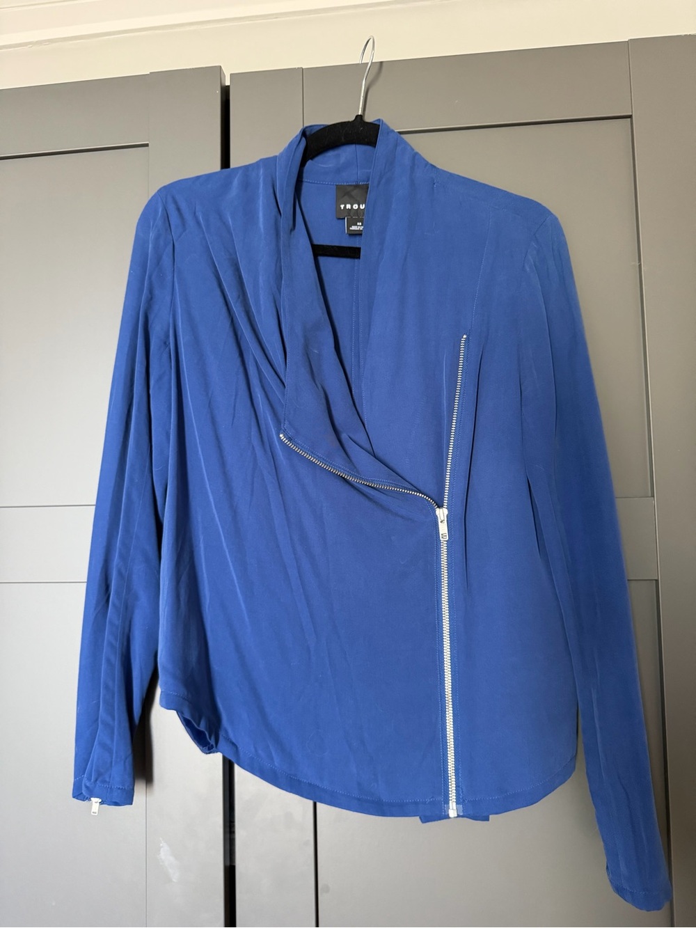 Trouve Royal Blue Draped Asymmetrical Zip Jacket